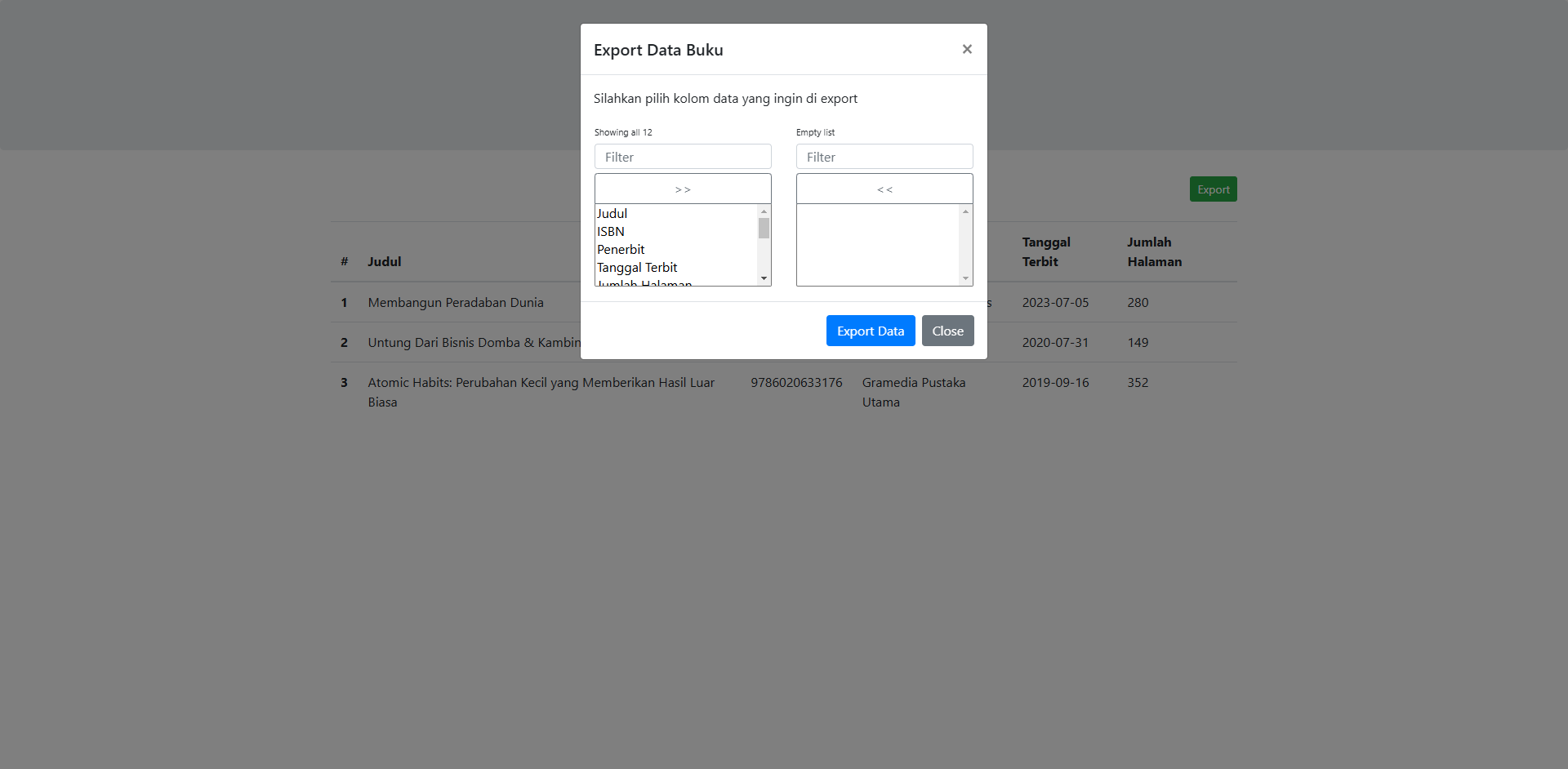 Modal untuk Pilih Kolom Data yang Ingin di Eksport [docs/kuhomi.id].